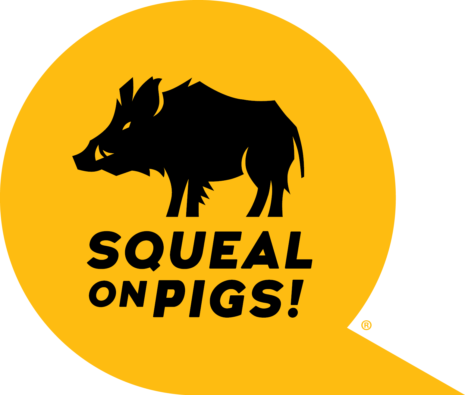 Gold chat bubble with stylized wild pig and words that read "Squeal on Pigs!".